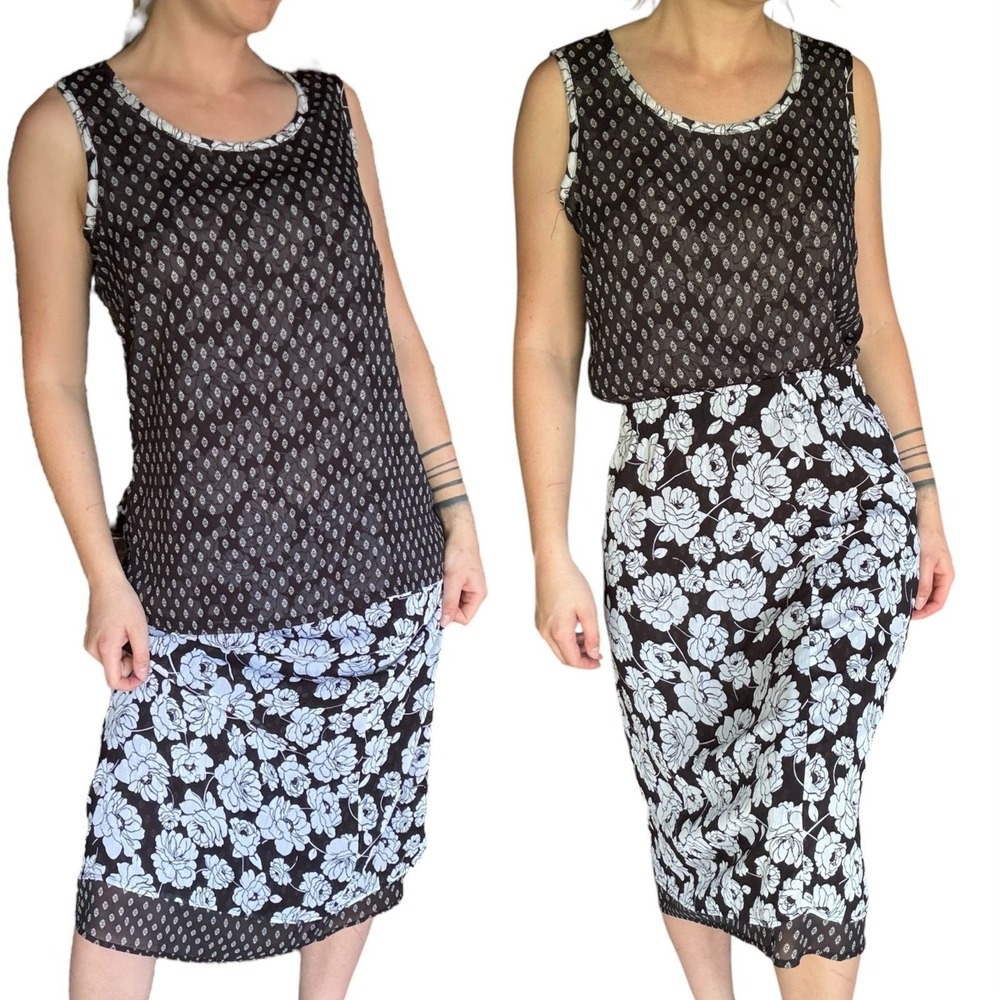 Black & white floral print reversible matching set, skirt and tank top blouse